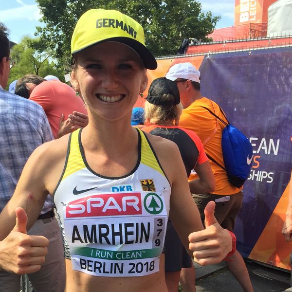 Fabienne Königstein (geb. Amrhein) im Nationaltrikot bei den Leichtathletik-Europameisterschaften 2018 in Berlin.