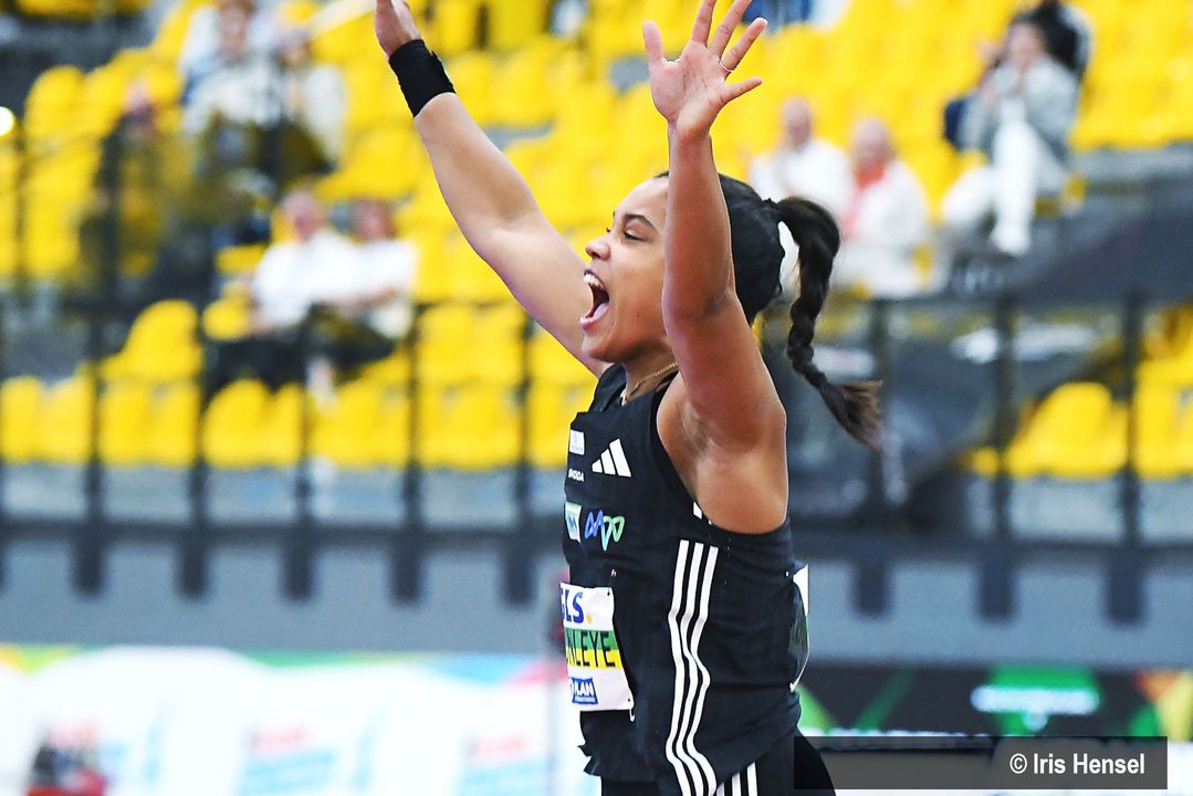 Yemisi Ogunleye (MTG Mannheim) bejubelt ihre Weltklasse-Leistung.